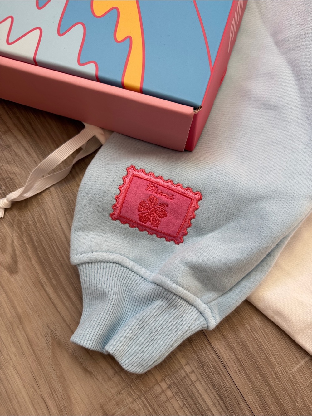 Pink Palm Puff Meet me in Miami Logo Light Blue Hoodie - Pink Embroidery - Picture 3 of 7